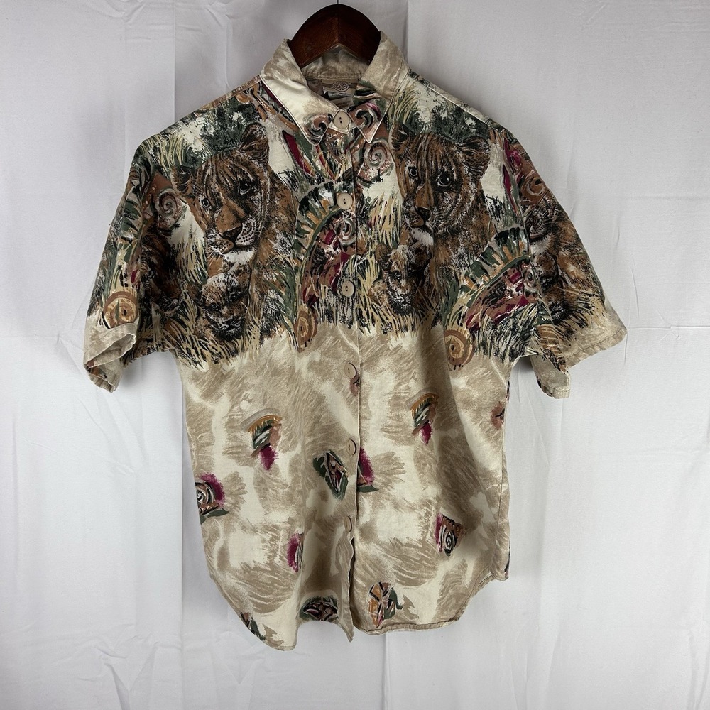 Vintage‎ Denim Republic Shirt Womens Large Tiger Animal Safari Button Up
